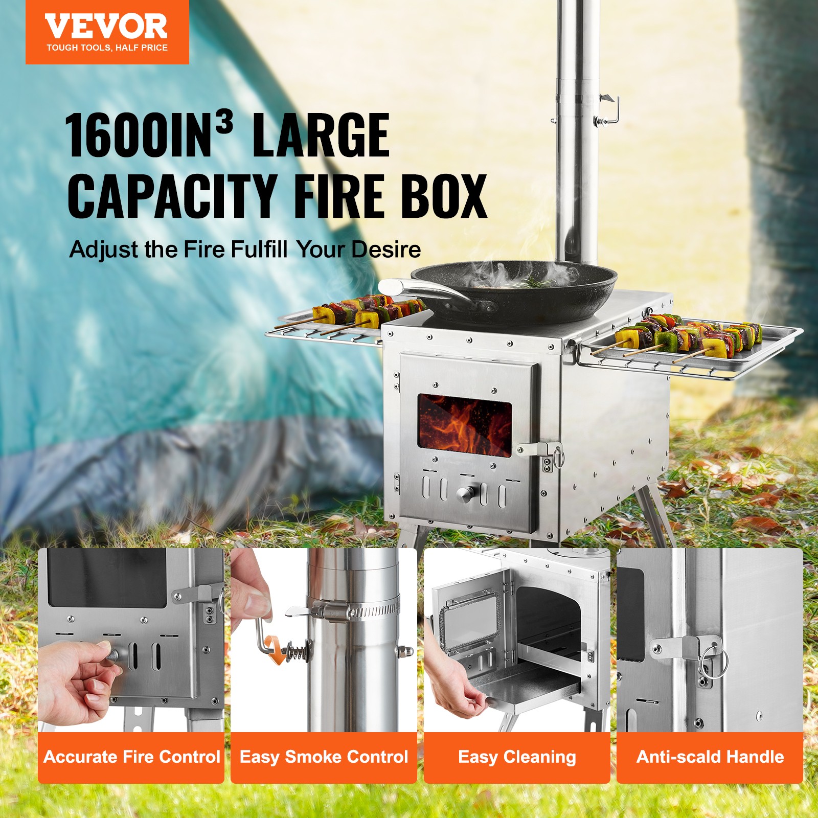 VEVOR 86 in Portable Wood Stove Camping Tent Stove w/ Pipe Stainless Steel
