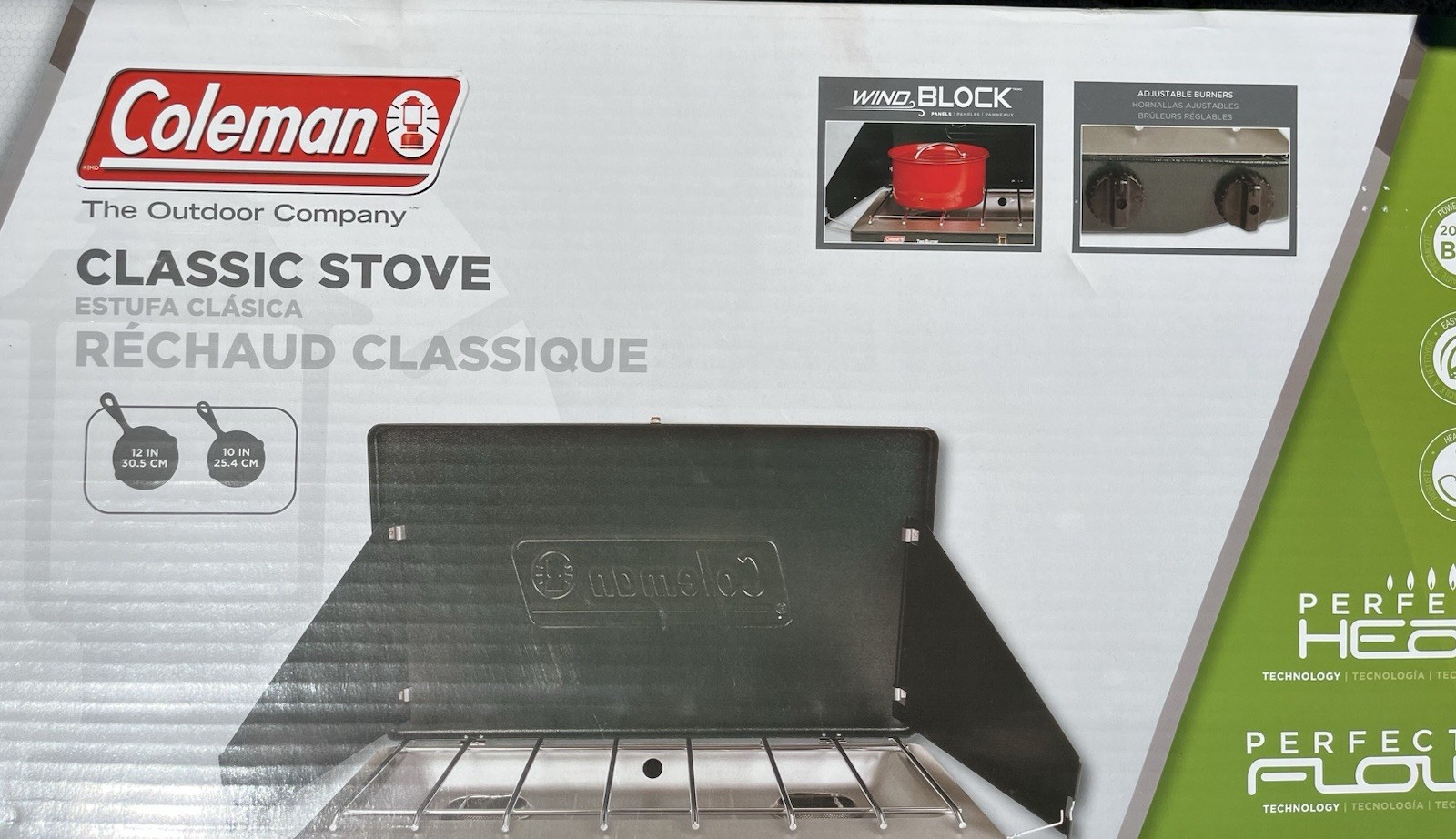New in Box Coleman Classic 2 Burner 20000 BTU Propane Camp Stove Wind Block NIB