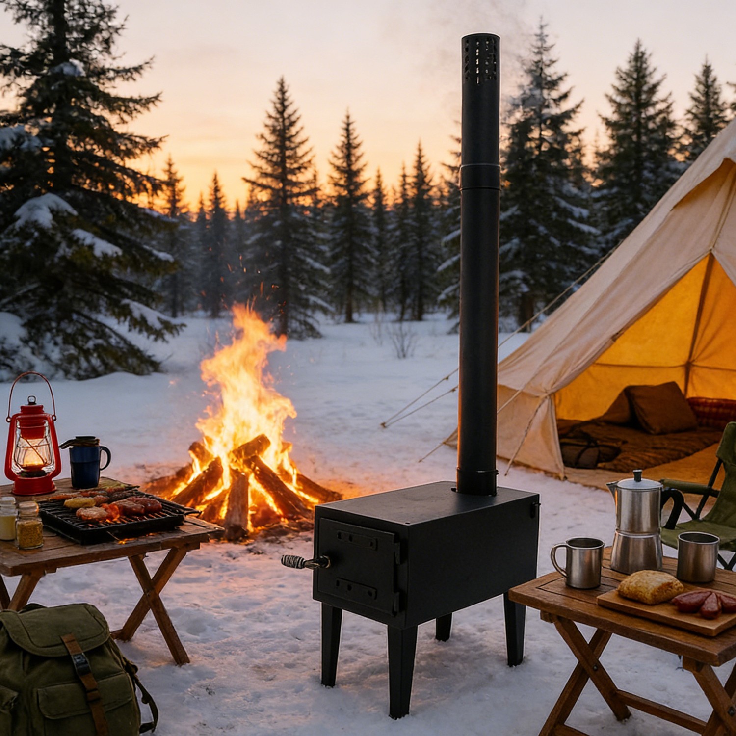 Steel Outdoor Wood Burning Stove for Cooking Hiking with Chimney Pipe Portable