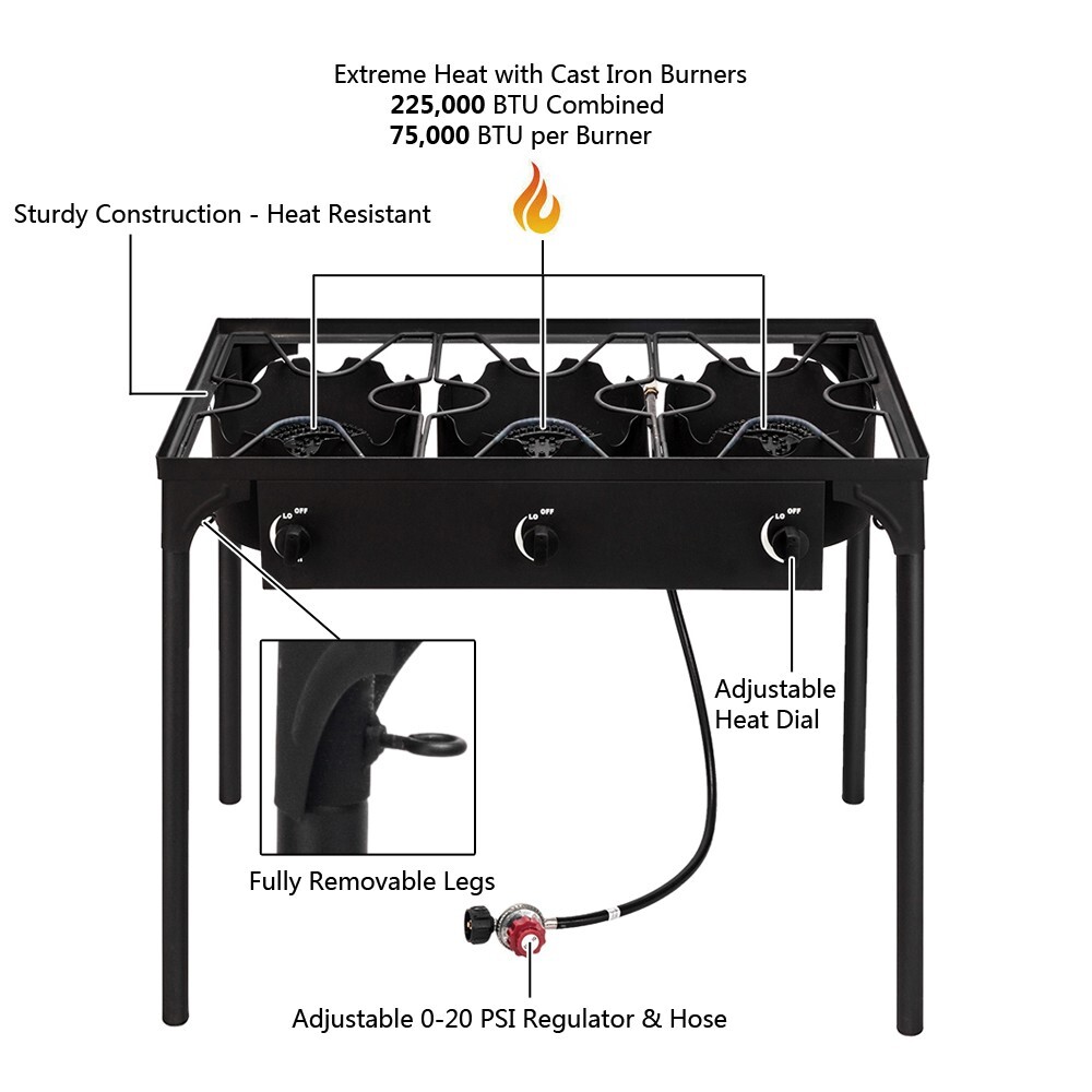 Portable Propane 3 Burner Gas Cooker 225,000-BTU Outdoor Camping Stove Pot Grill