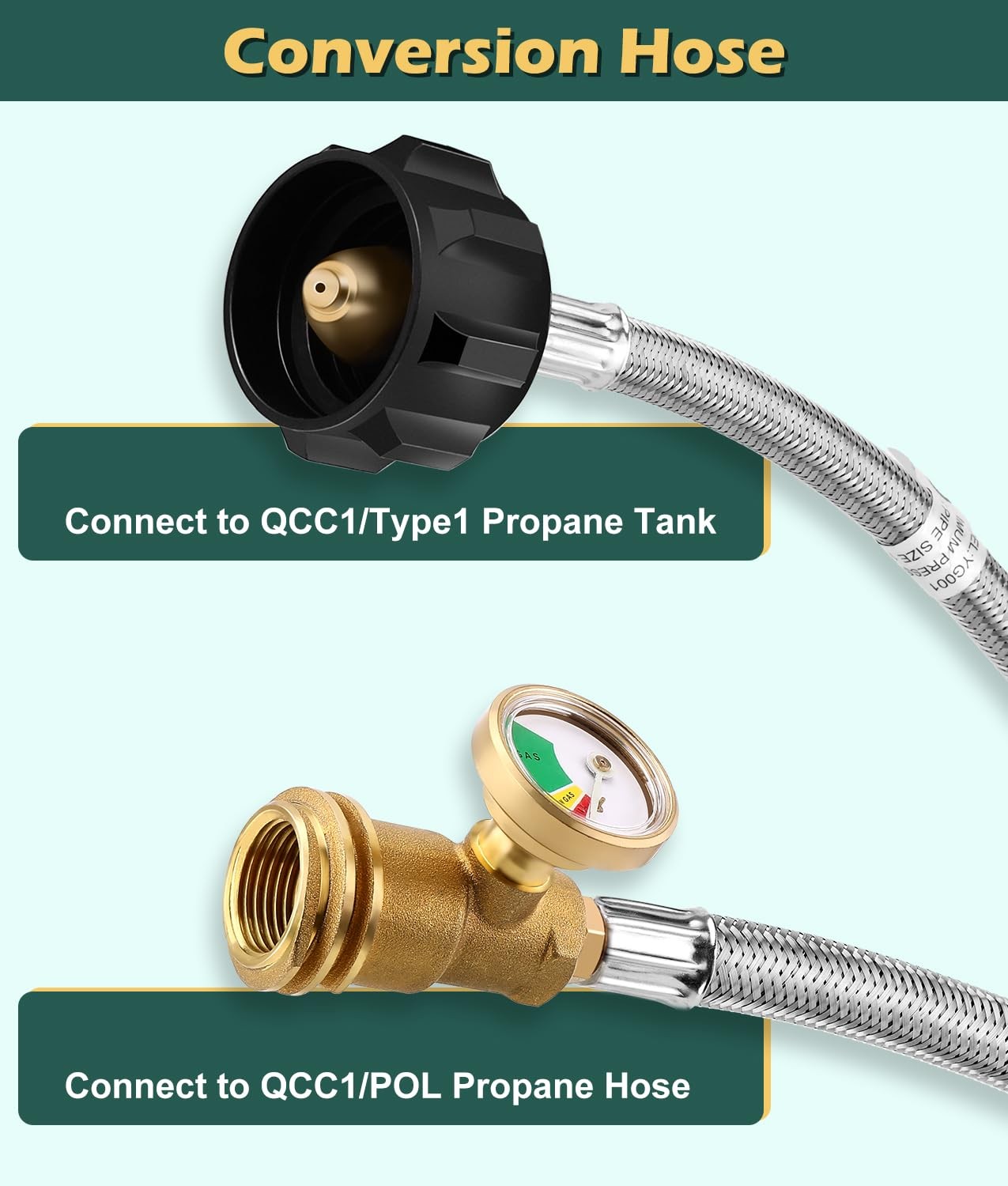 WADEO 6 Feet Propane Tank Extension Hose 6 Feet, Hose: Silver; Adapter: Gold