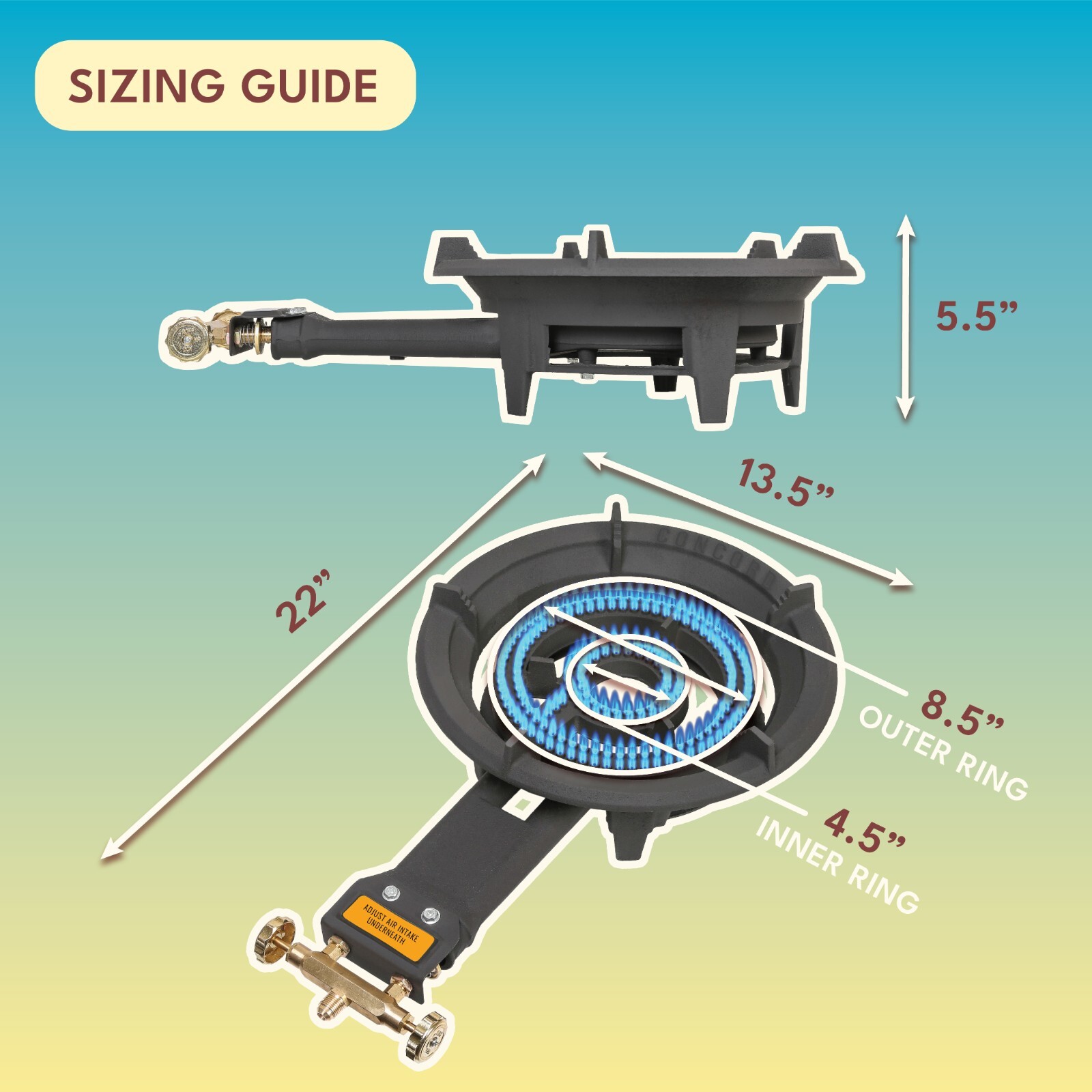 13″ ROADSTER SINGLE PROPANE BURNER. Dual Controlled Burner Rings, 90,000 BTU.