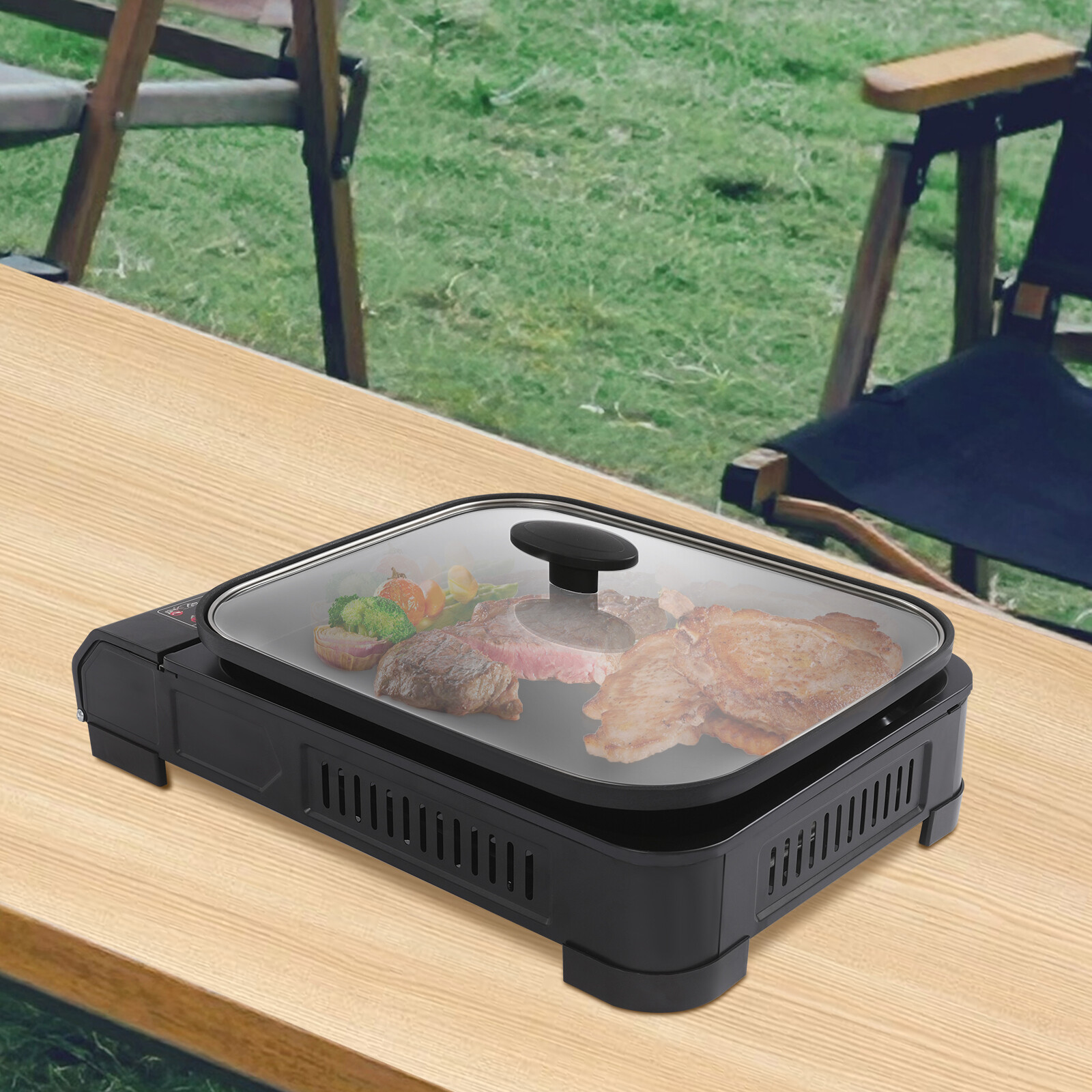 2 in 1 Gas Stove with Grill Pan and Lid Portable Butane Gas Camping Stove