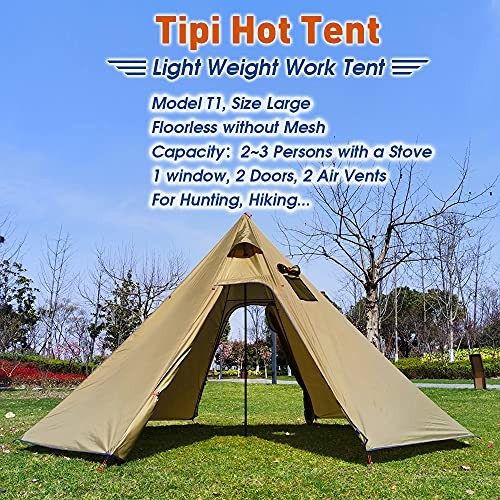 4 Persons 5lb Lightweight Tipi Hot Tents with Stove Jack, 7’3″ Olive Drab