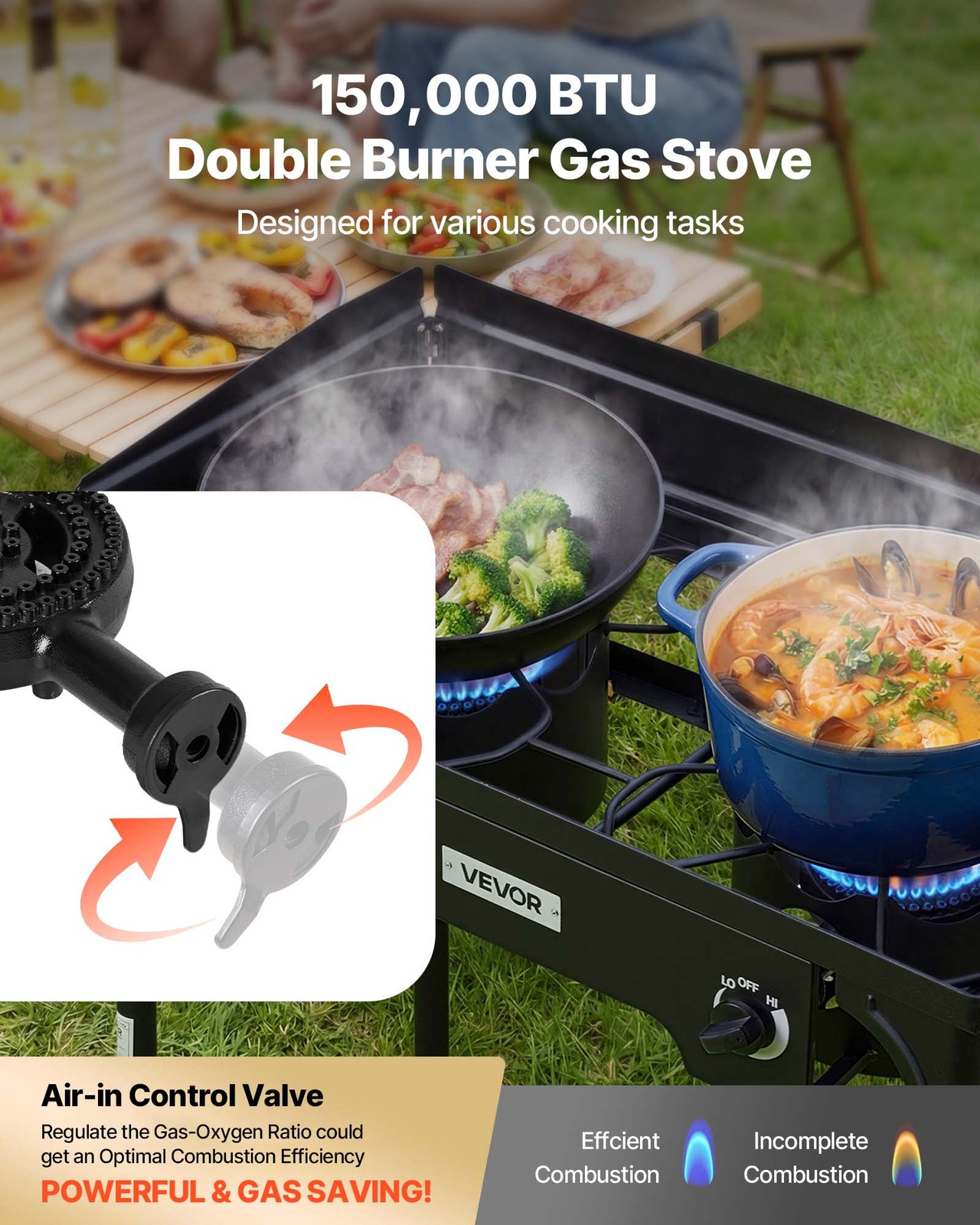 VEVOR 2 Burner Propane Gas Stove 150000 BTU Outdoor Camping Cooker with Shield