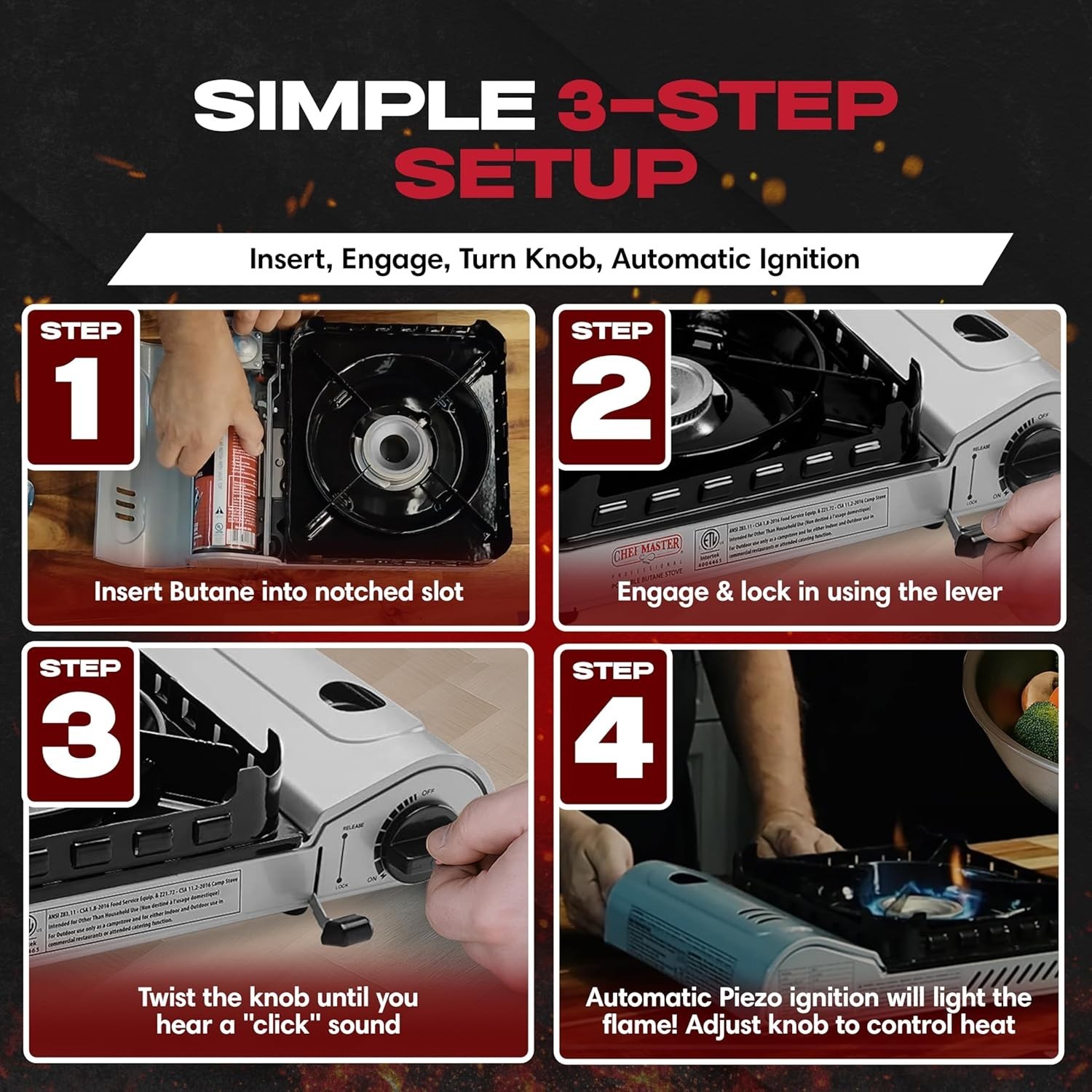 Efficient Portable Butane Camp Stove – 15,000 BTU, Safety Shut-Off & Ignition