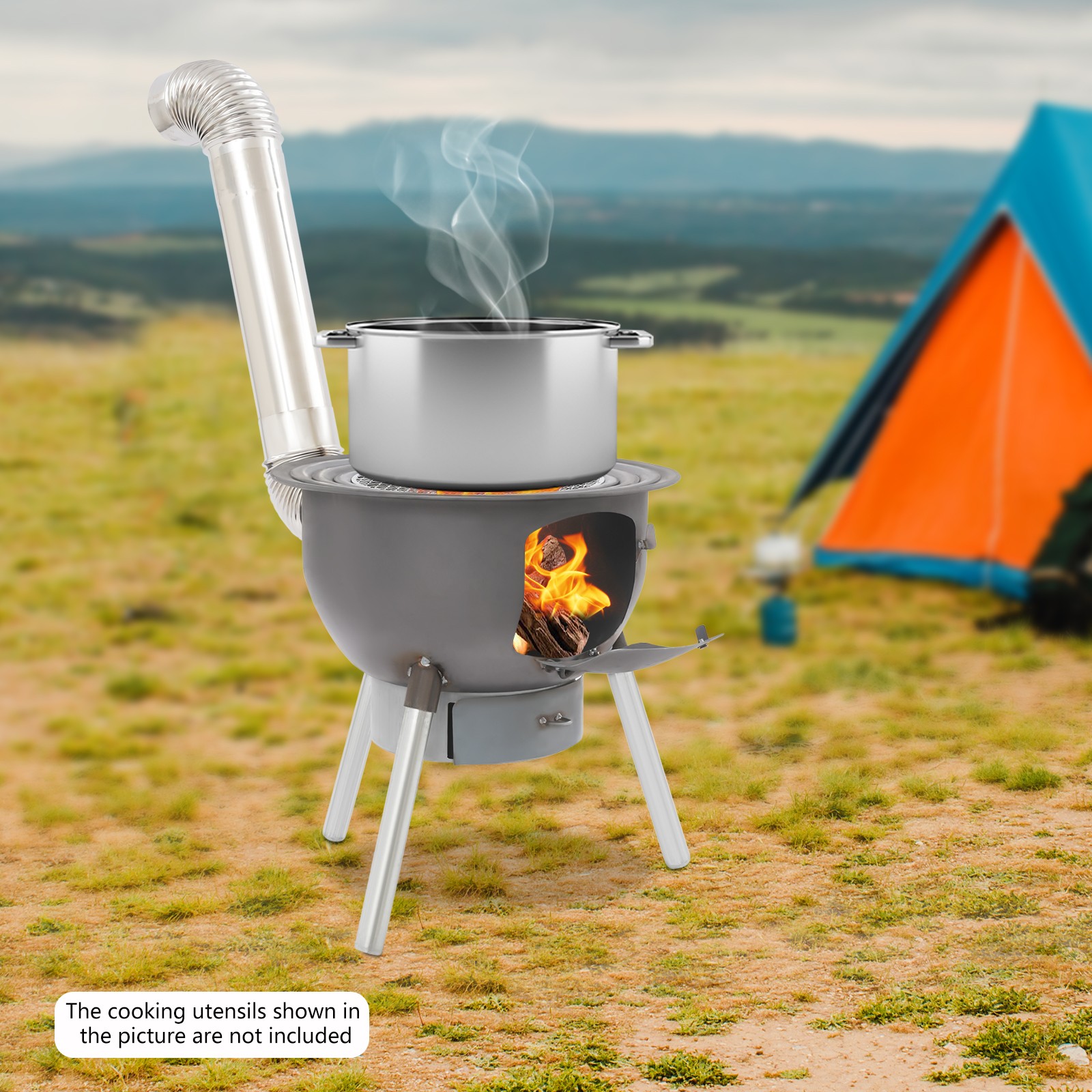 Wood Stove Portable Camping Wood Burning Stove with Chimney Pipe BBQ Stove New！
