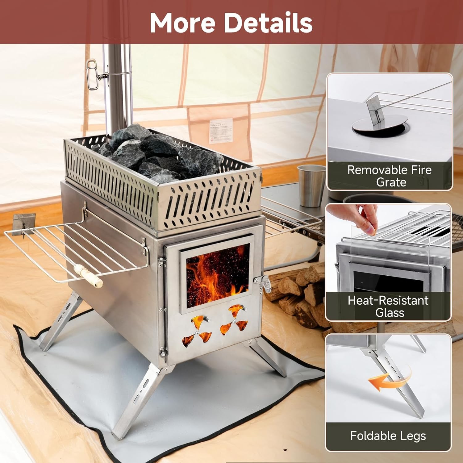 MOPHOTO 2in1 Sauna Hot Tent Stove Burning Stove With Stone Box 8 Chimney Pipes