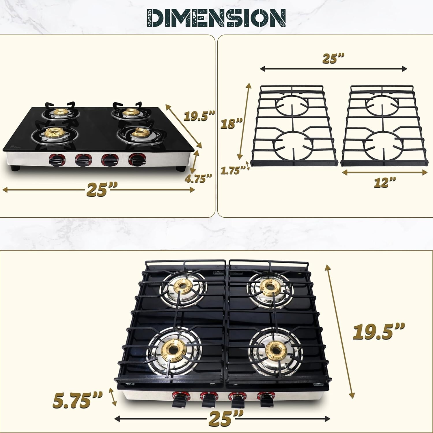 Gas Stove Top -25″ – 4 Burner With Hose & Regulator to Connect propane cooktop