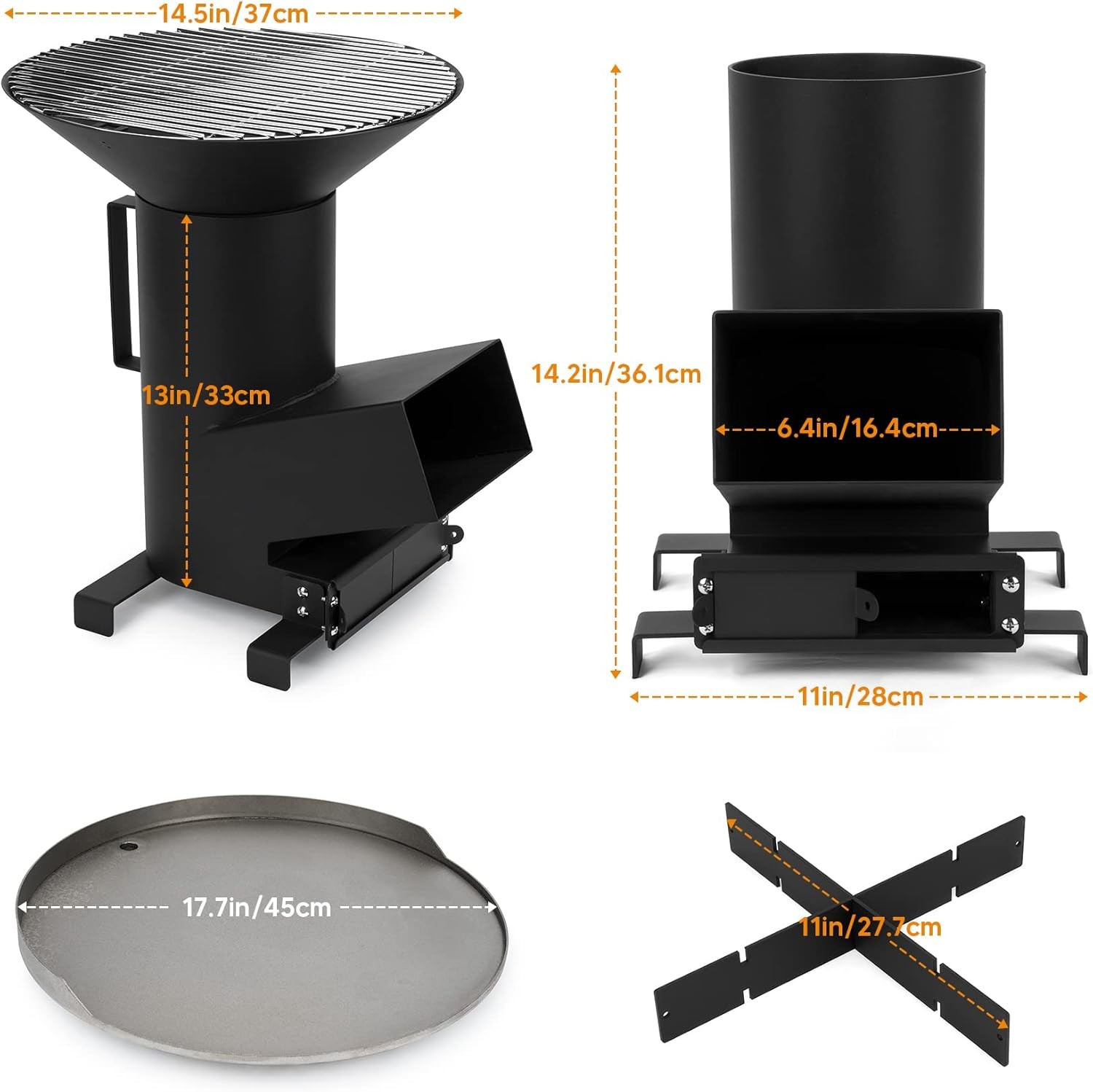 3-in-1 Camp Rocket Stove W/ 14.5″ Cooking Grate 18″ Griddle & Cooktop Portable