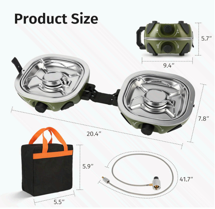 Portable 2 Burner Propane Camping Stove 20,000 BTU w/ Bag Green