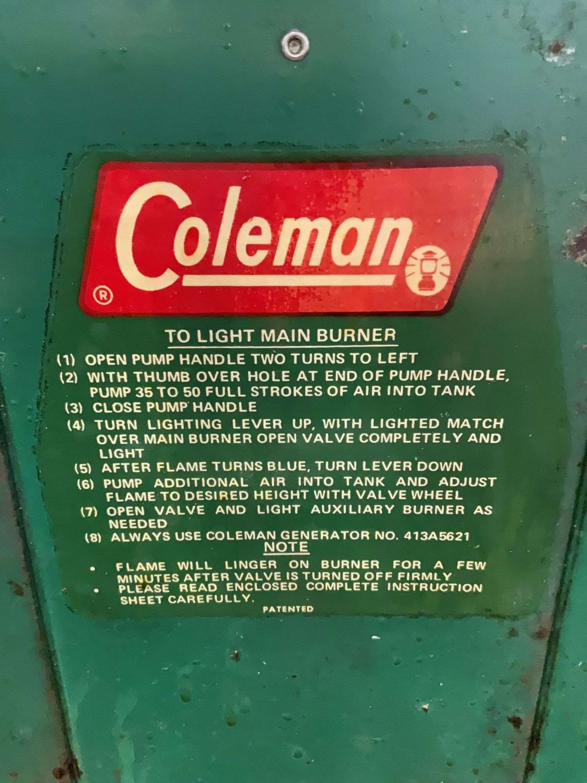 Coleman 413A Two Burner Green Camp Stove with Red Fuel Tank Vintage