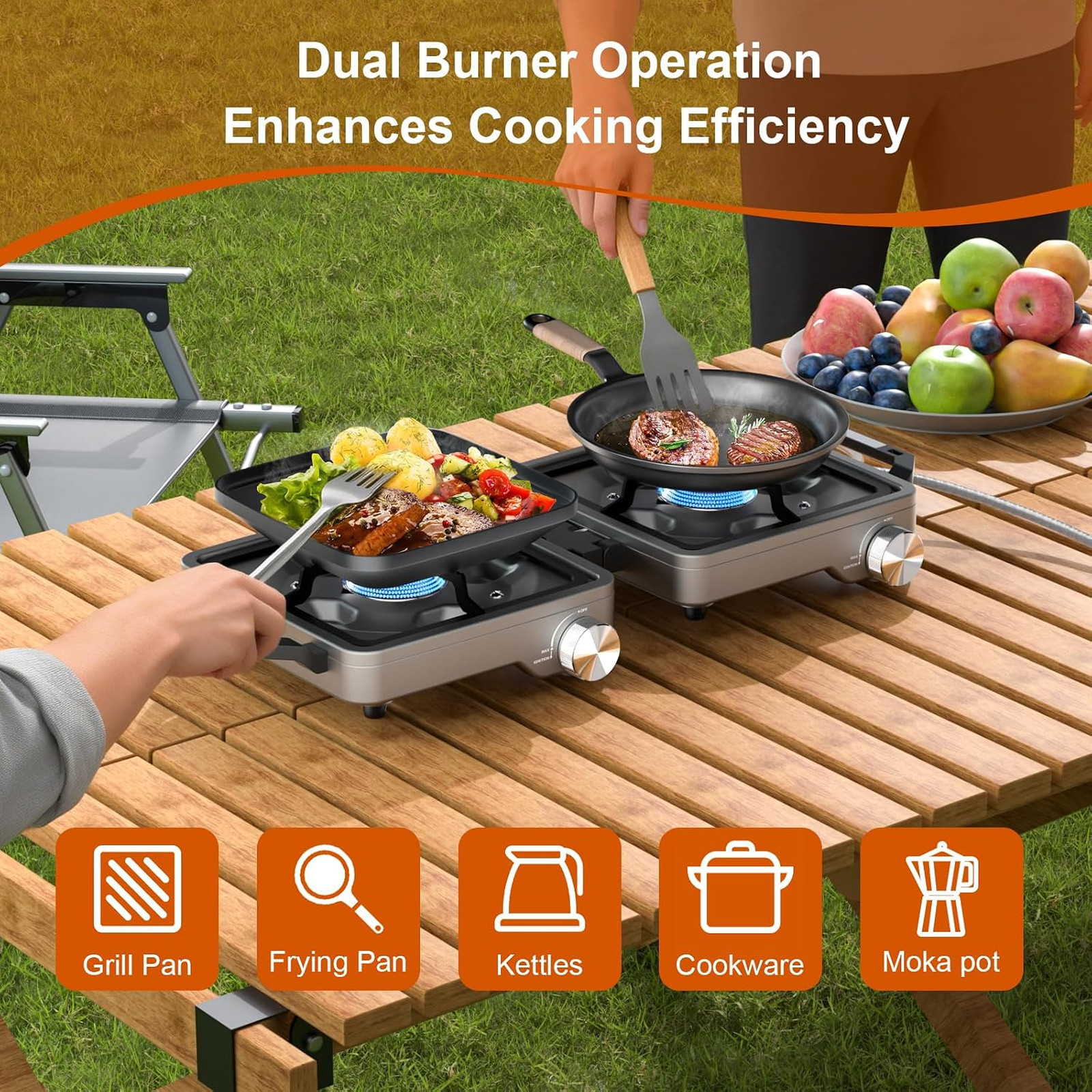 Portable camping stove with 27000 BTUs, dual burners, folding design
