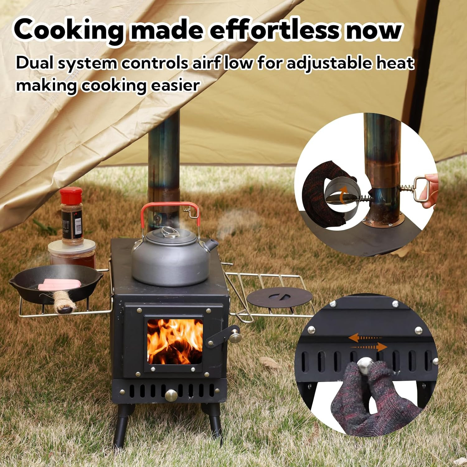 Portable Folding Wood Burning Camping Stove with Chimney Pipes & Spark Arrestor