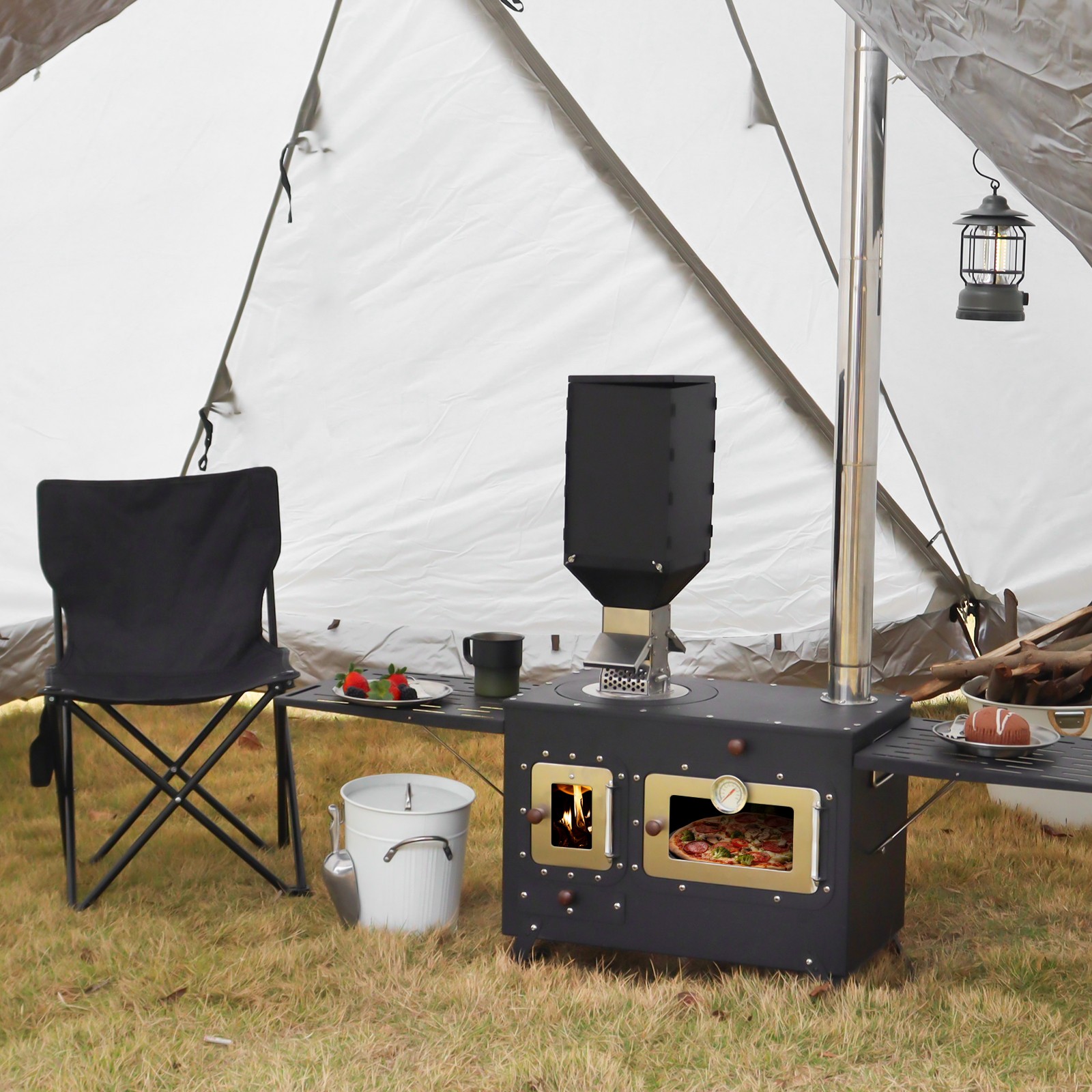 SOTECH Large Black Portable Camping Stove w/ Oven & Chimney for Hot Tent Outdoor