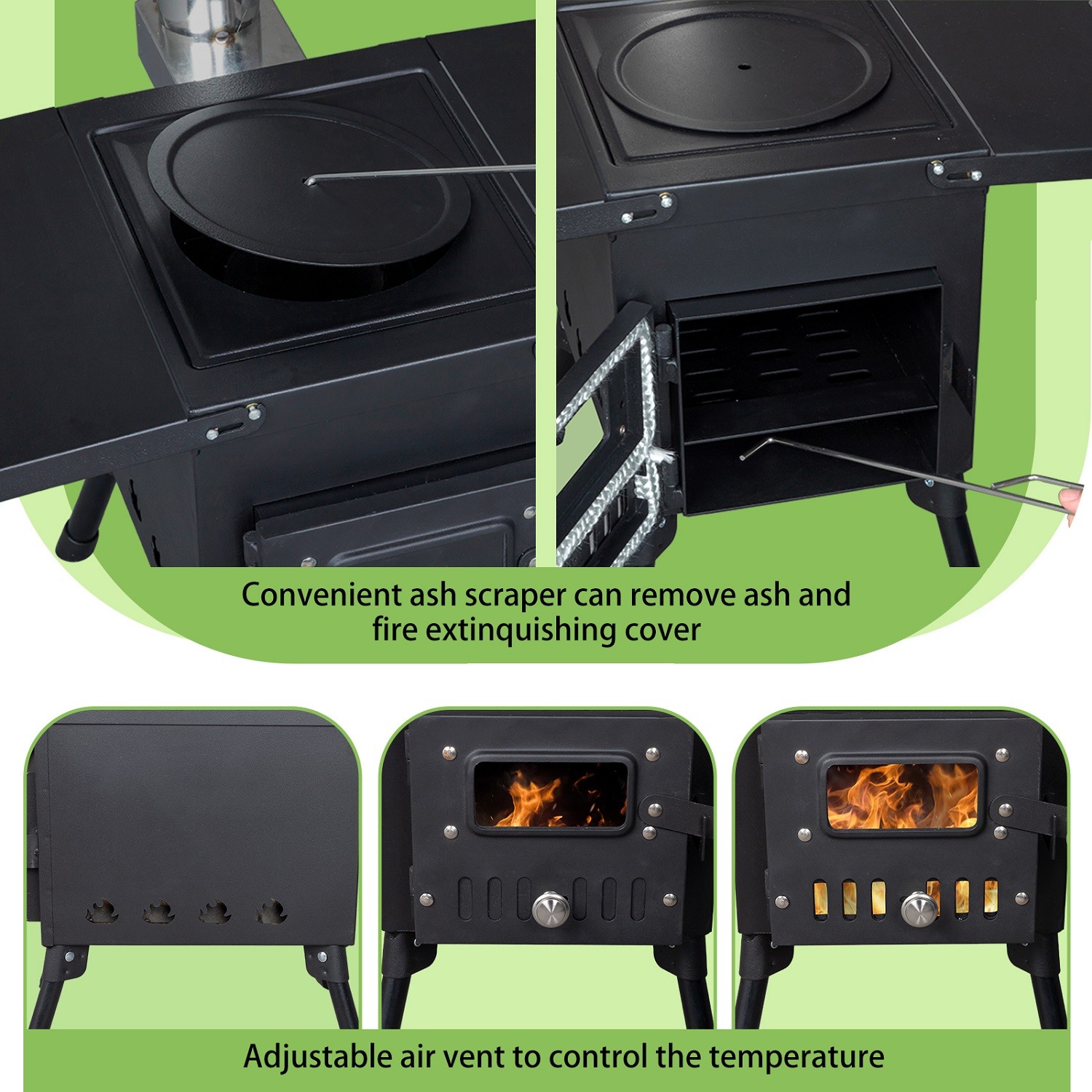 Camping Wood Stove Stainless Steel Camping Tent Stove Burning Stove with 3 Pipes
