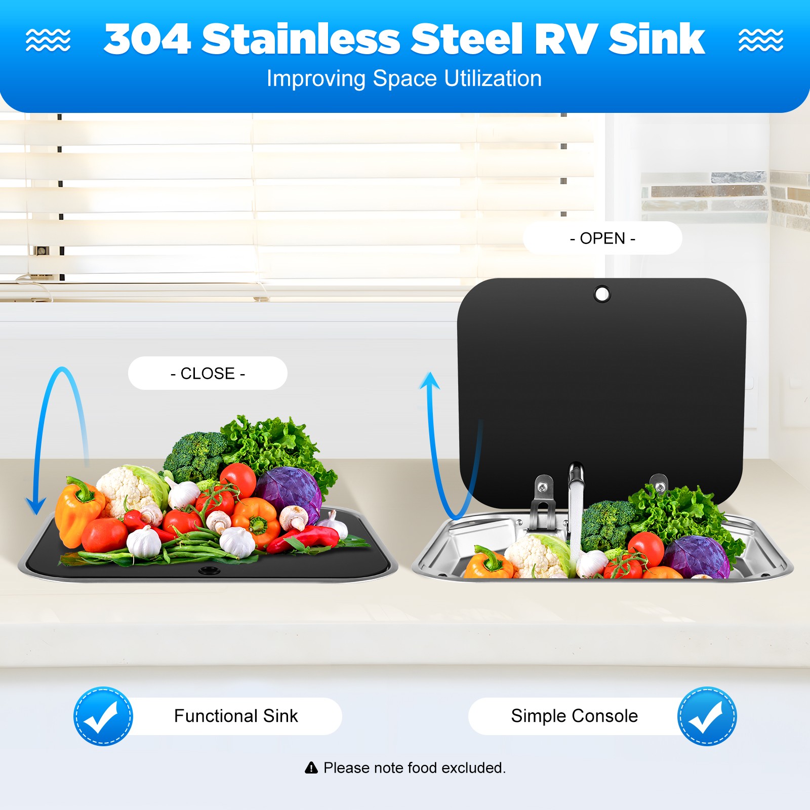 Stainless Steel RV Camper Caravan Trailer Sink Hand Wash Basin W/ Lid & Faucet