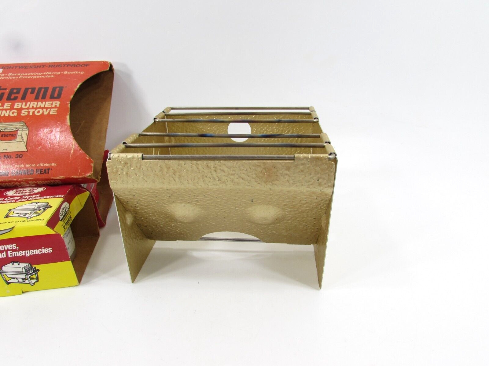 VTG. STERNO Folding Camp Stove Vintage Single Burner + 4 Cans 7 oz. Sterno Fuel