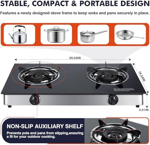 Llamaviva 2 Burner Propane Stove, High Output Gas Cooktop with Tempered Glass Su