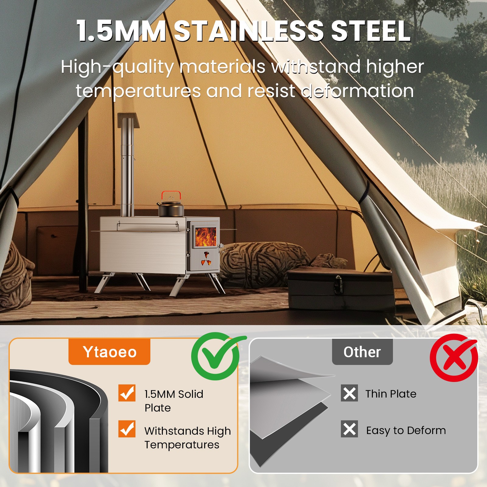 Portable Camping Wood Stove – Stainless Steel Tent Stove with 7 Chimney Pipes