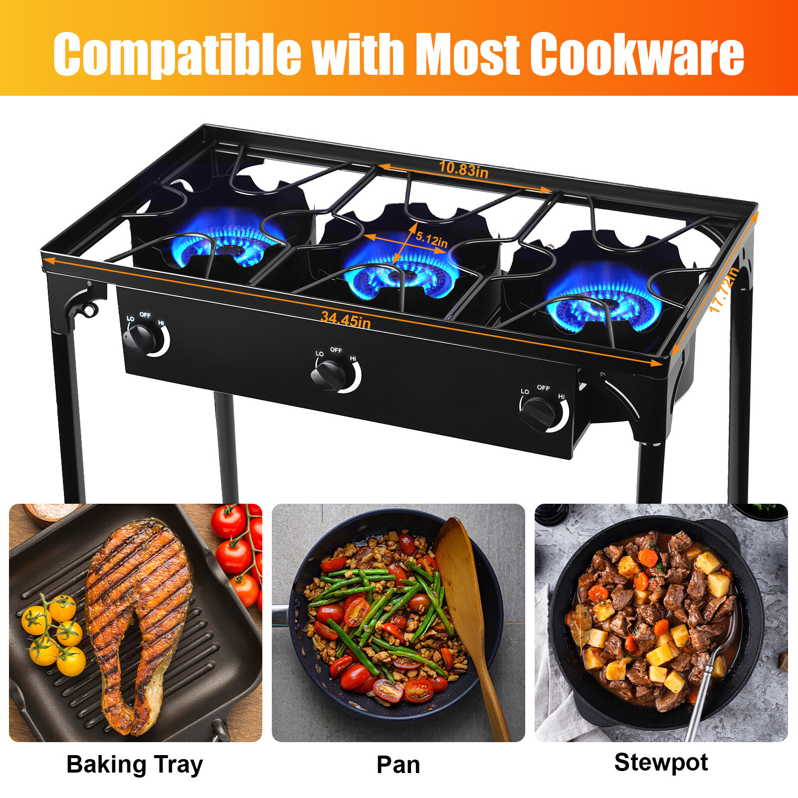 Portable Propane 225,000-BTU 3 Burner Gas Cooker Outdoor Camping Stove Grill