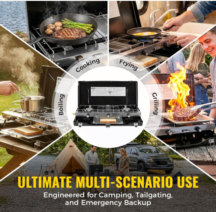 Portable 3-Burner Propane Camping Stove w/ Ignition, 20400 BTU