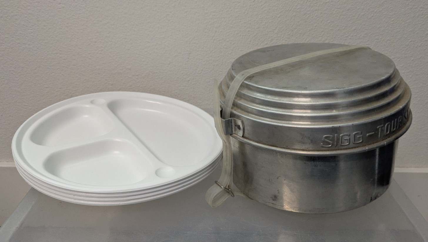 Vintage Svea 123 Camp Stove Set w/ Sigg Tourist Cook Pot, Pan, Handle & Plates