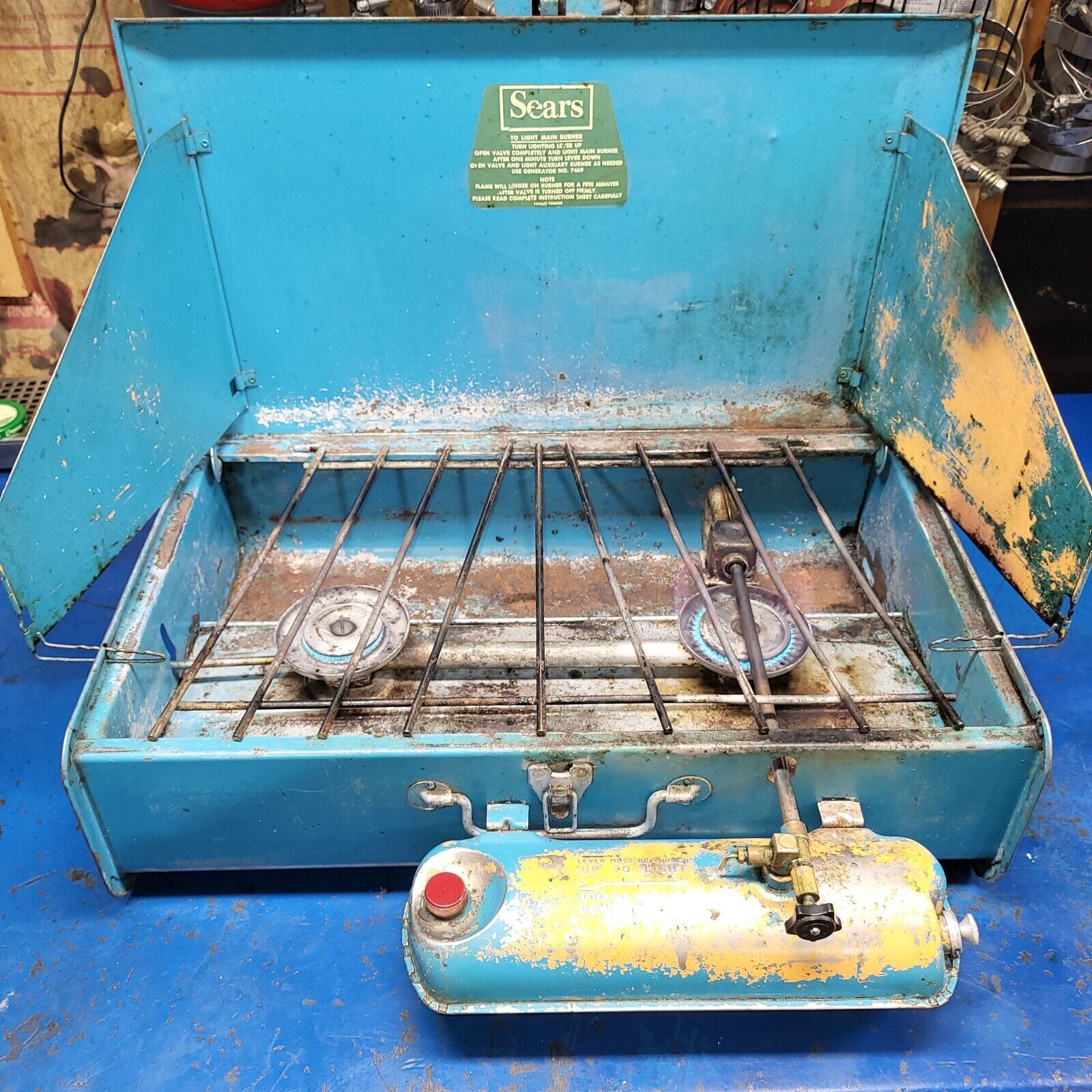 Vintage Sears 476.74970 Two Burner Camp Stove with Tank Blue Yellow Dated 1/66