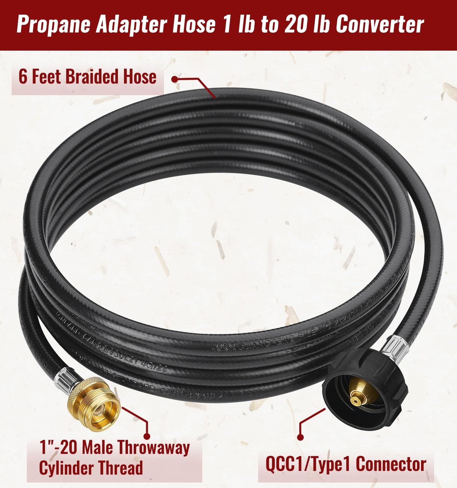 CALPOSE 12 Feet Propane Adapter Hose, 1lb to 20lb 12 Feet, Black