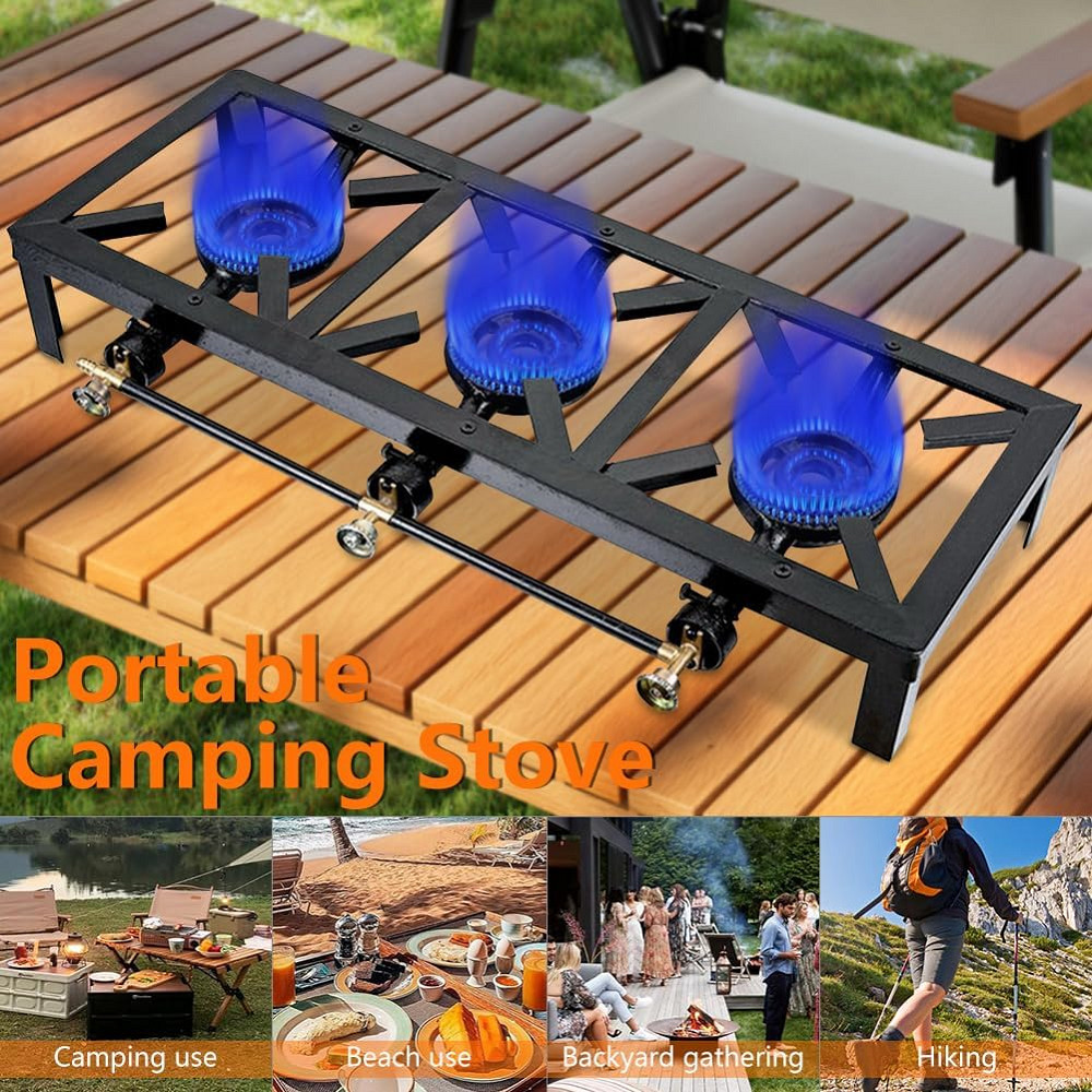Cast Iron 3 Burner Portable Outdoor Camping Stove Propane Gas LPG BBQ Cooker