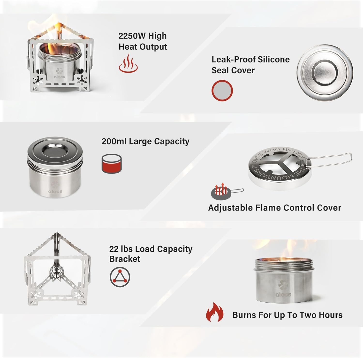 2250W Alcohol Stove Camping Stove W/ Sealed Cover Stainless Steel Backpacking