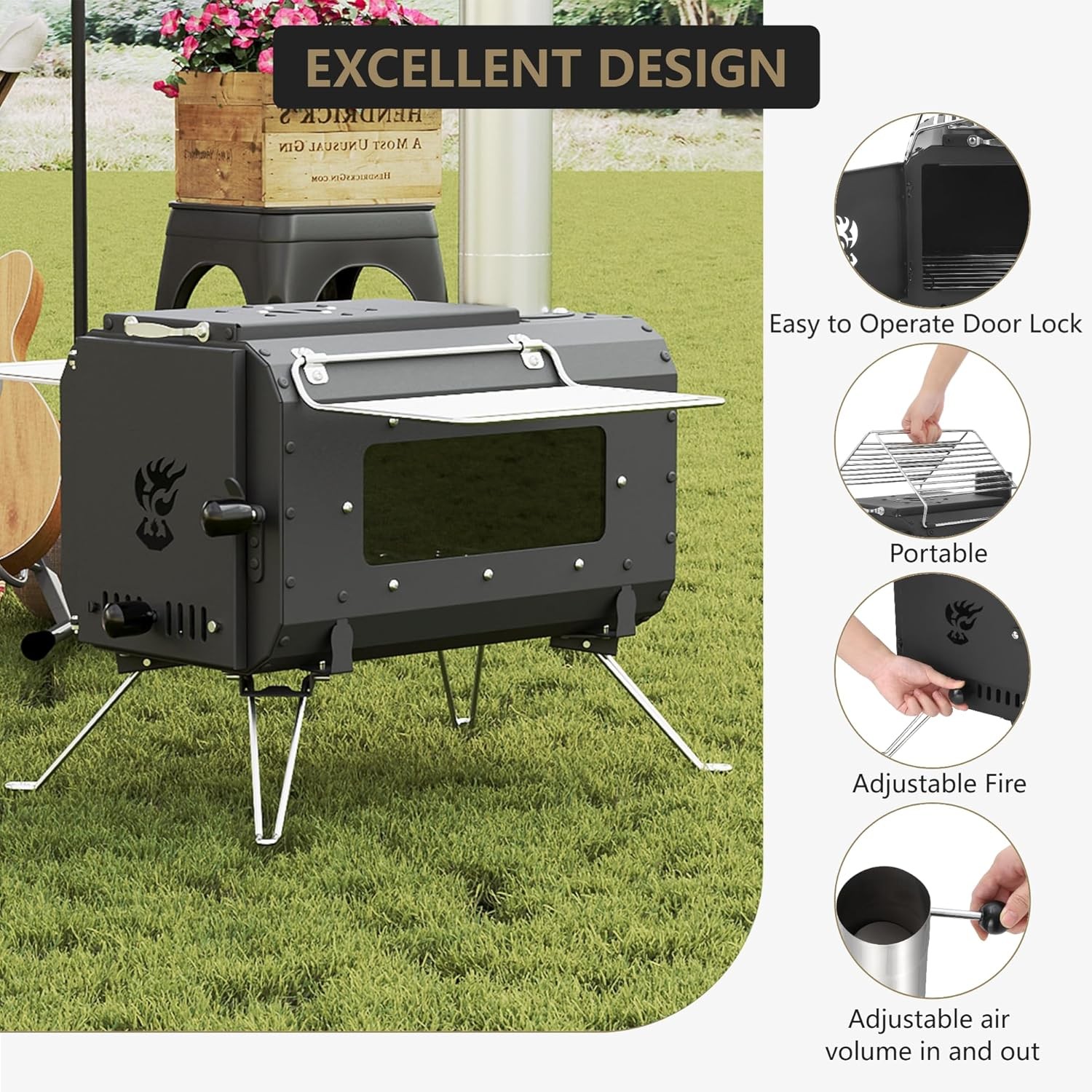 Portable Hot Tent Stove Wood Burning W/ Chimney & View Glass for Camping Outdoor