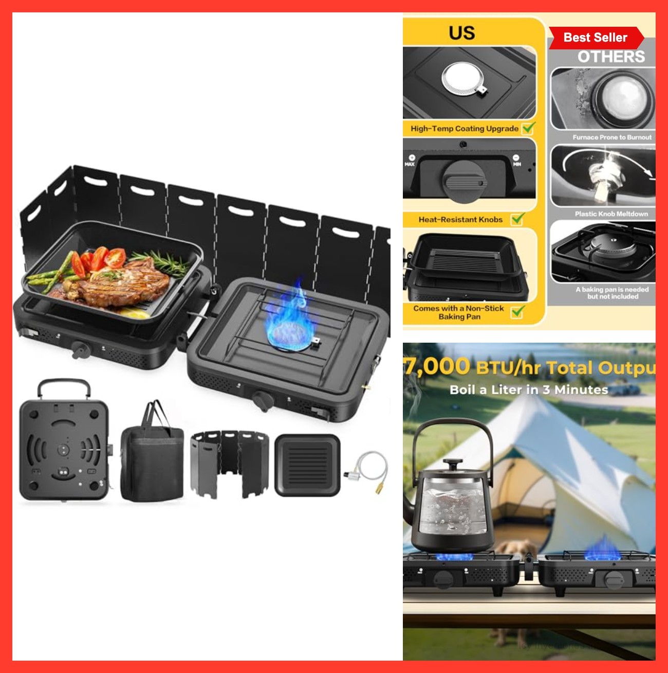 2 Burner Portable Camping Stove Propane 17000 BTU Folding Gas Stove with