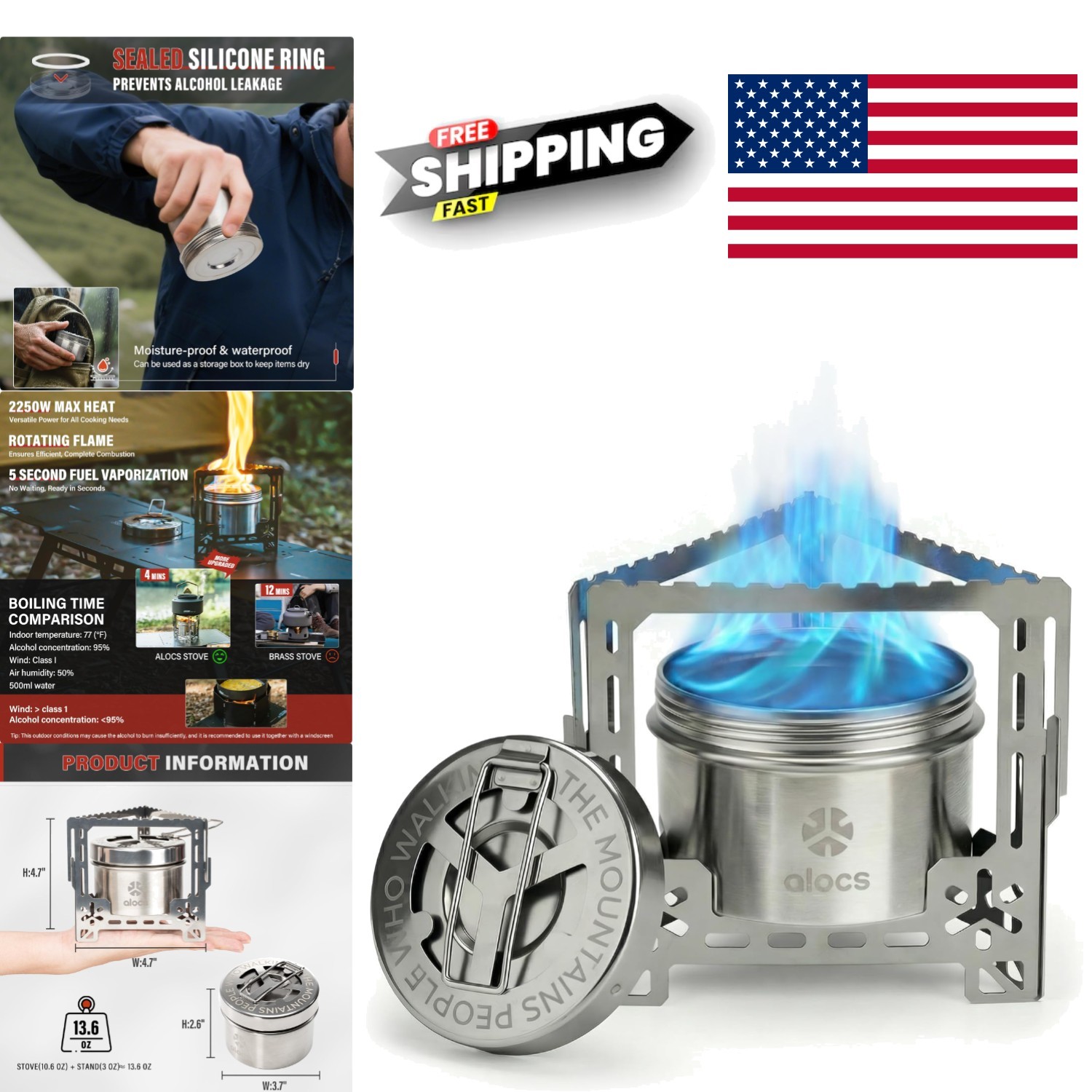 High Output Camping Stove 2250W with Rotating Flame Technology for Even Cooking