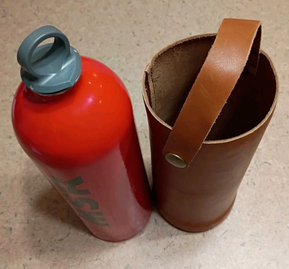 MSR 33oz. Red Aluminum Camping Stove Fuel Bottle w/ Protective Leather Holder