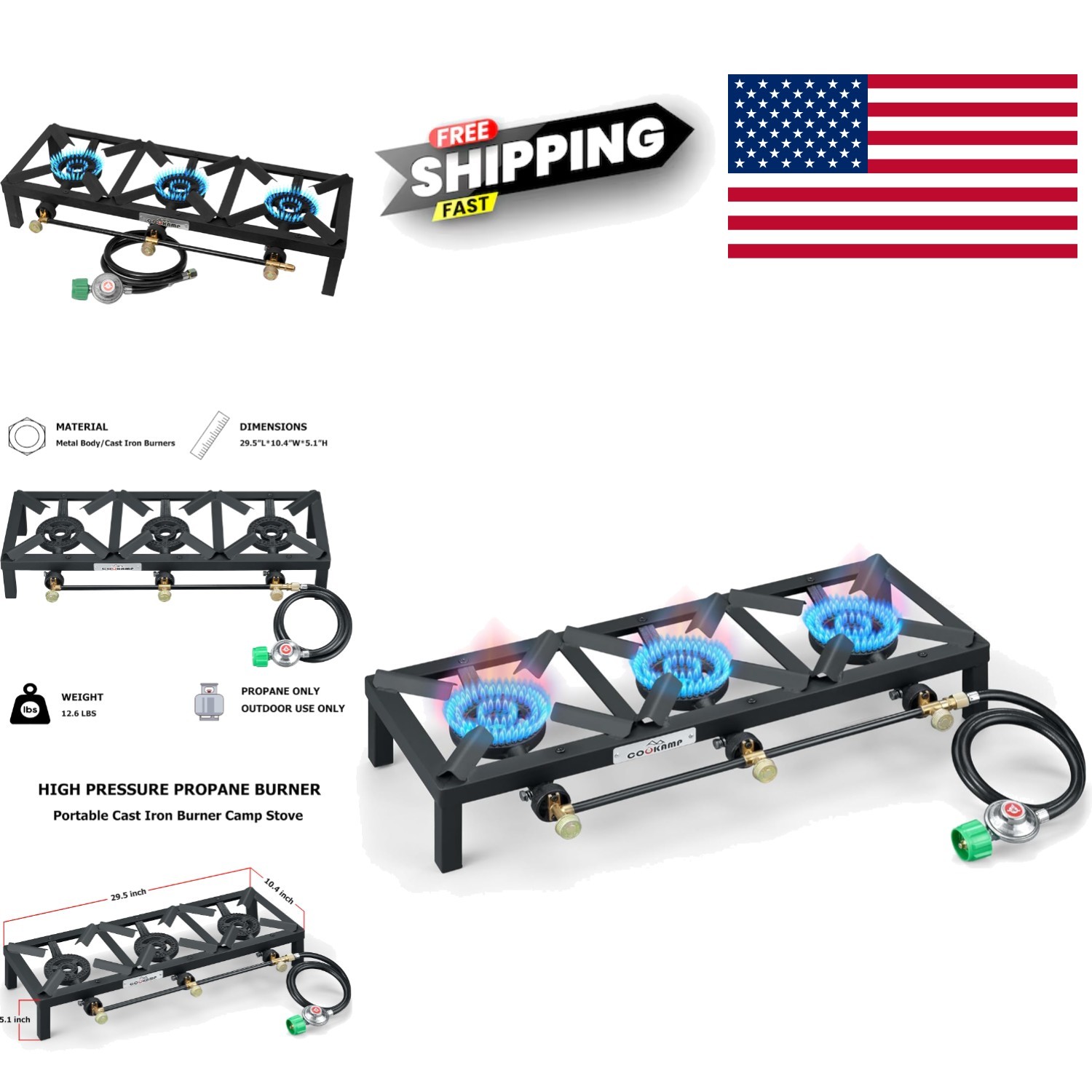 Outdoor Propane Triple Burner Stove Easy Setup with Certified Regulator
