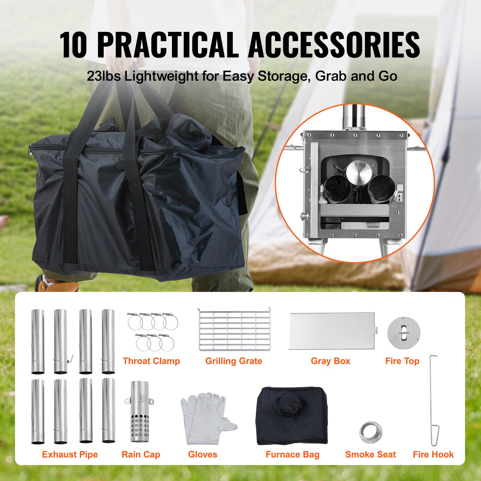 VEVOR 86 in Portable Wood Stove Camping Tent Stove w/ Pipe Stainless Steel