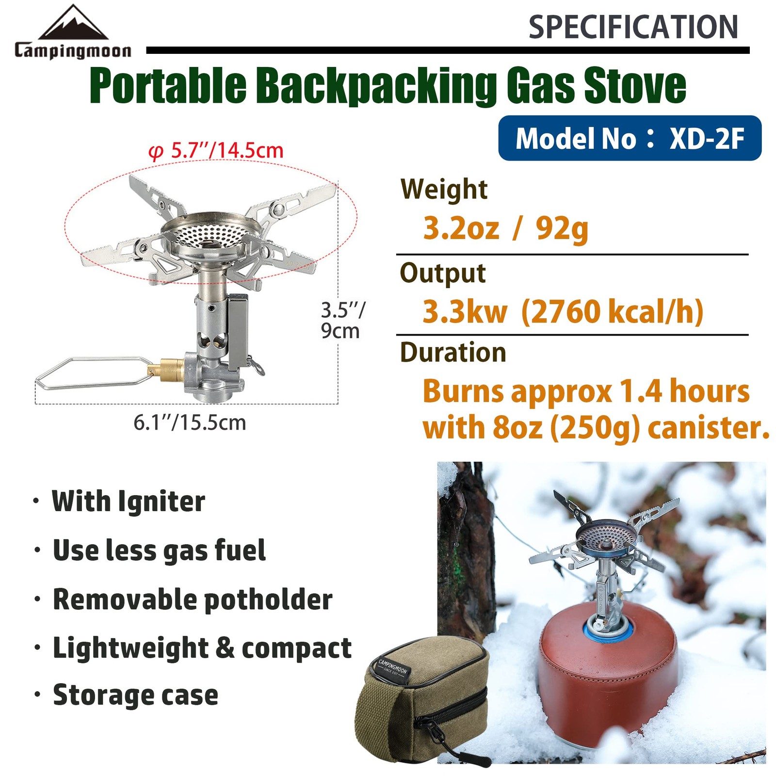 CAMPINGMOON XD2F Silver Canister Top Stove Portable Compact Foldable Igniter