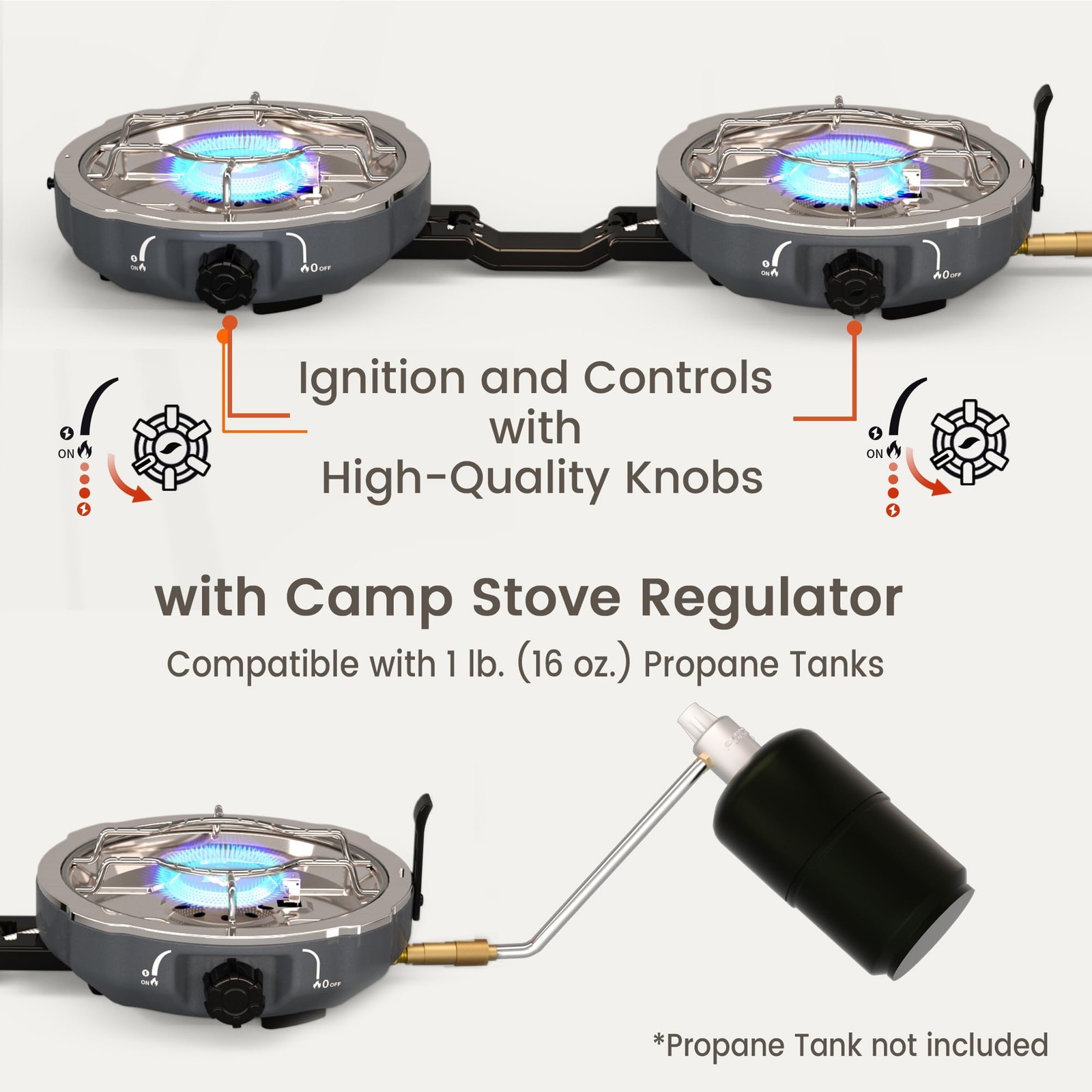 20,000 BTUs 2 Burner Propane Camping Stove, portable, Overland Grey