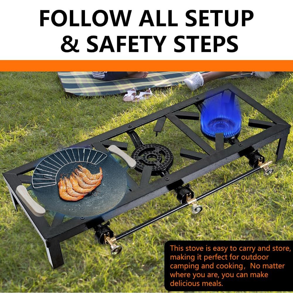 Cast Iron 3 Burner Portable Outdoor Camping Stove Propane Gas LPG BBQ Cooker