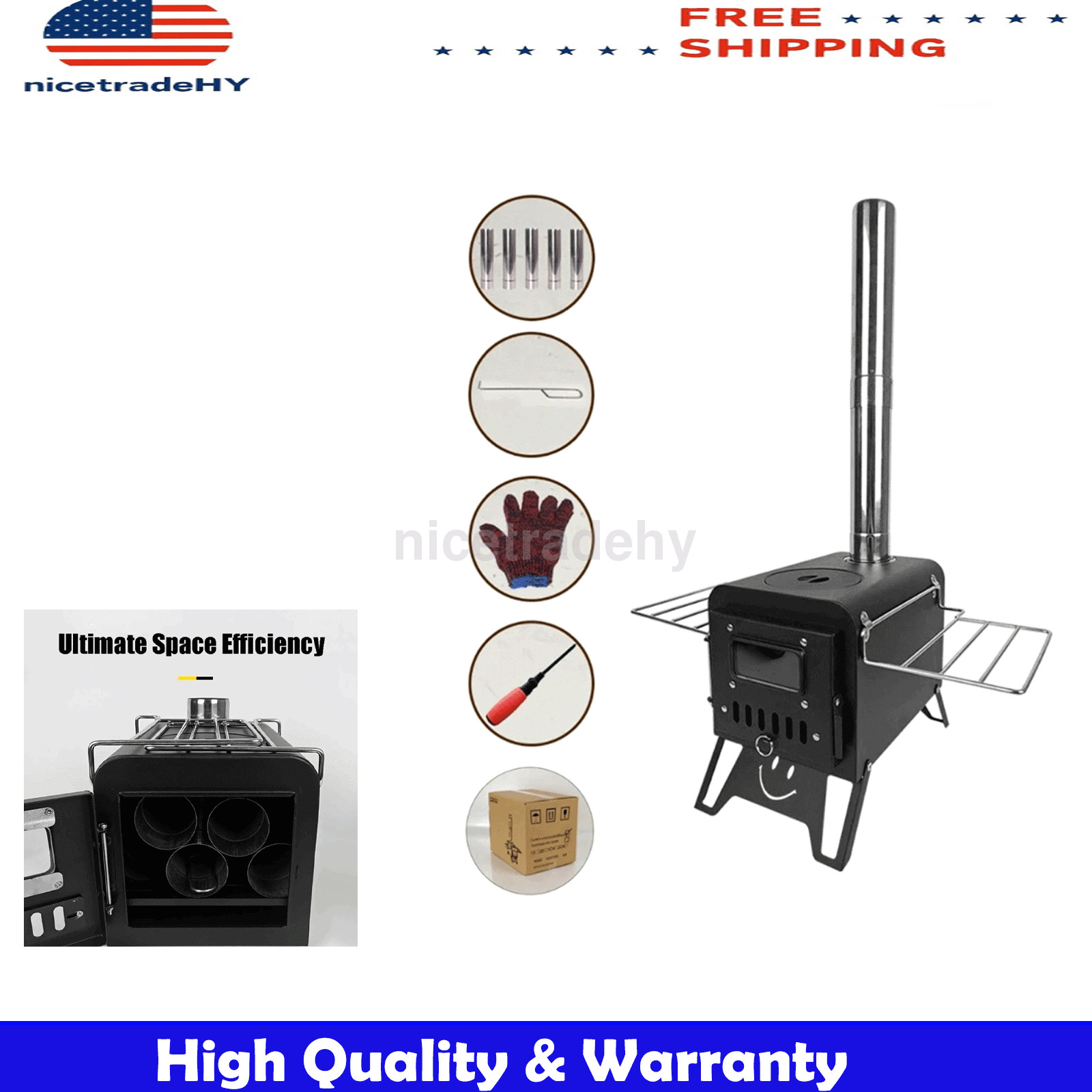 FOR Tent Portable Stainless Steel Stove with 7 Chimney Stove Pipes Camping