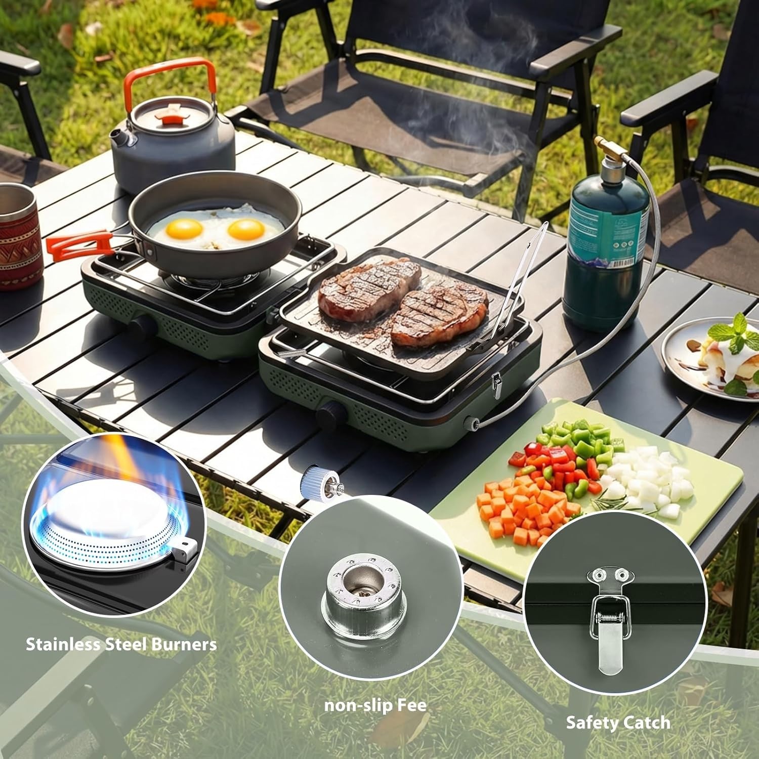 All-in-One Camping Stove Set: 2 Burners, Windscreen, Cutting Board & Grill Plate