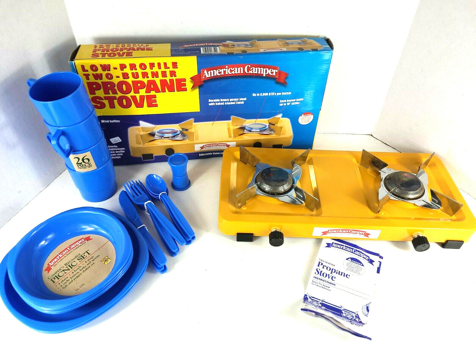 Vtg American Camper Low Profile Two Burner Propane Stove 1080B Yellow + BONUS!!