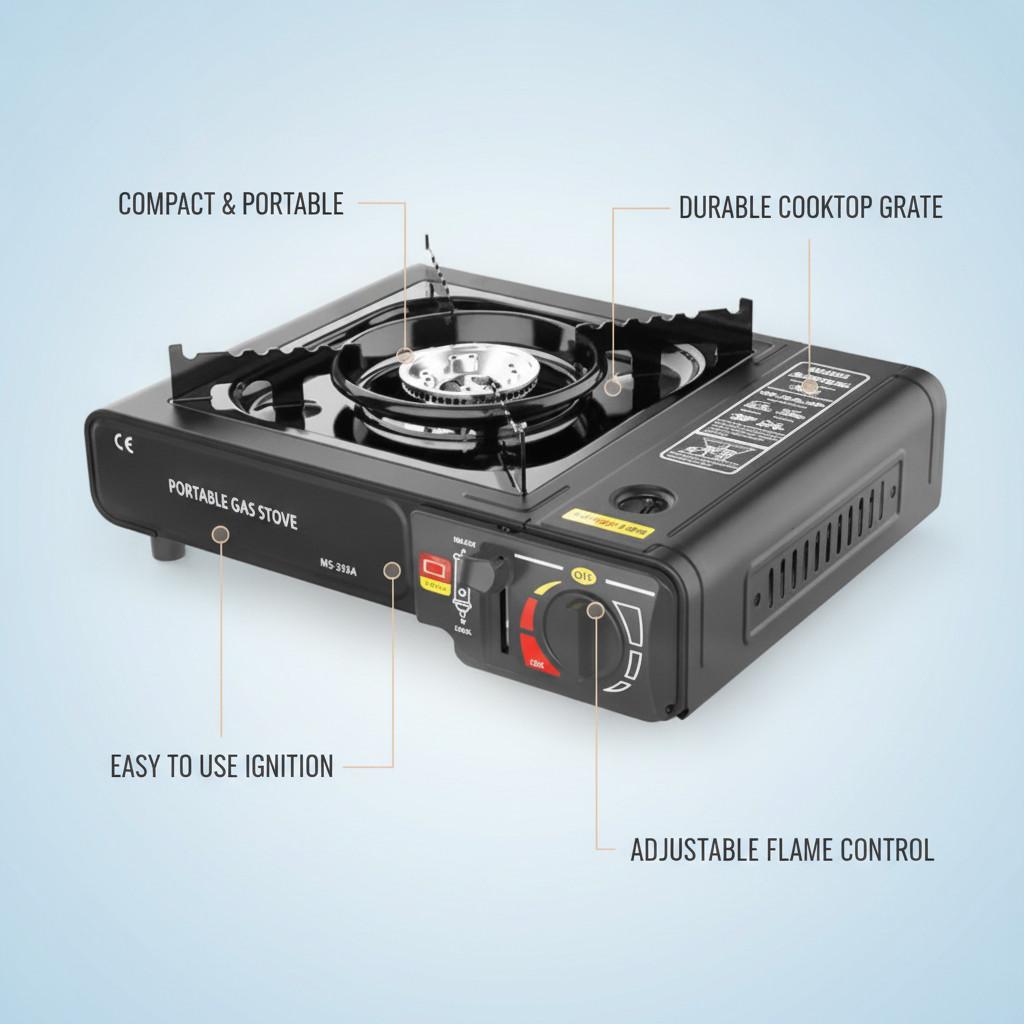 Portable Single Burner Butane Gas Camping Stove Adjustable Flame with Carry Case