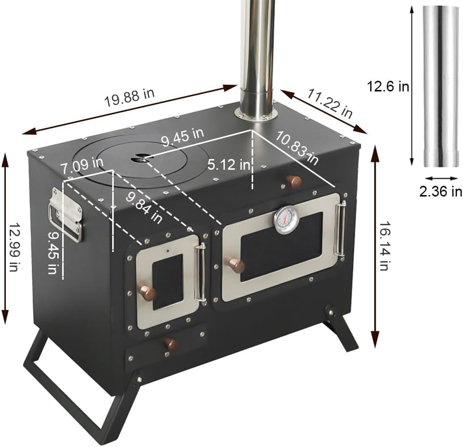 SOTECH Large Black Portable Camping Stove w/ Oven & Chimney for Hot Tent Outdoor