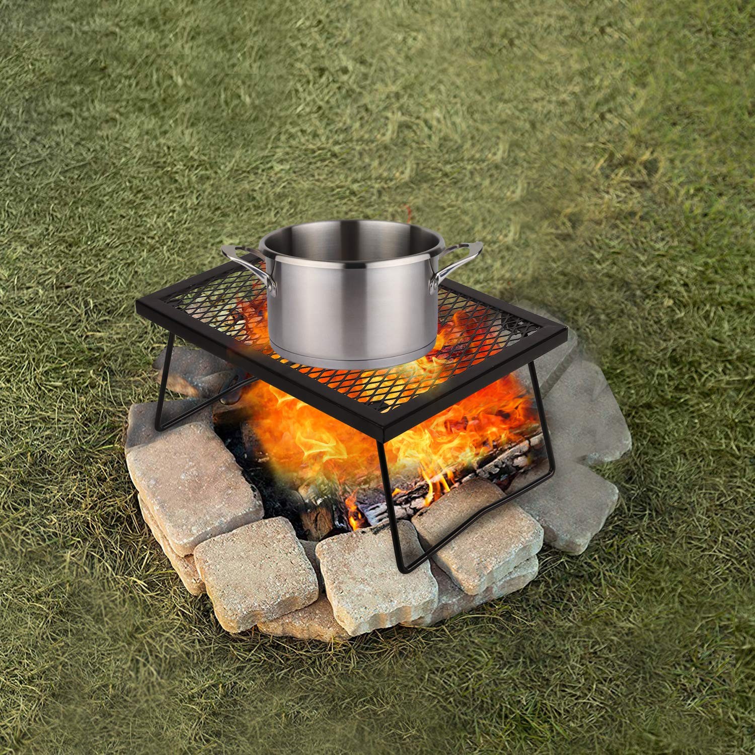 17″ Folding Campfire Grill Grate, Portable Heavy Duty Steel Over Fire Camp Gr…