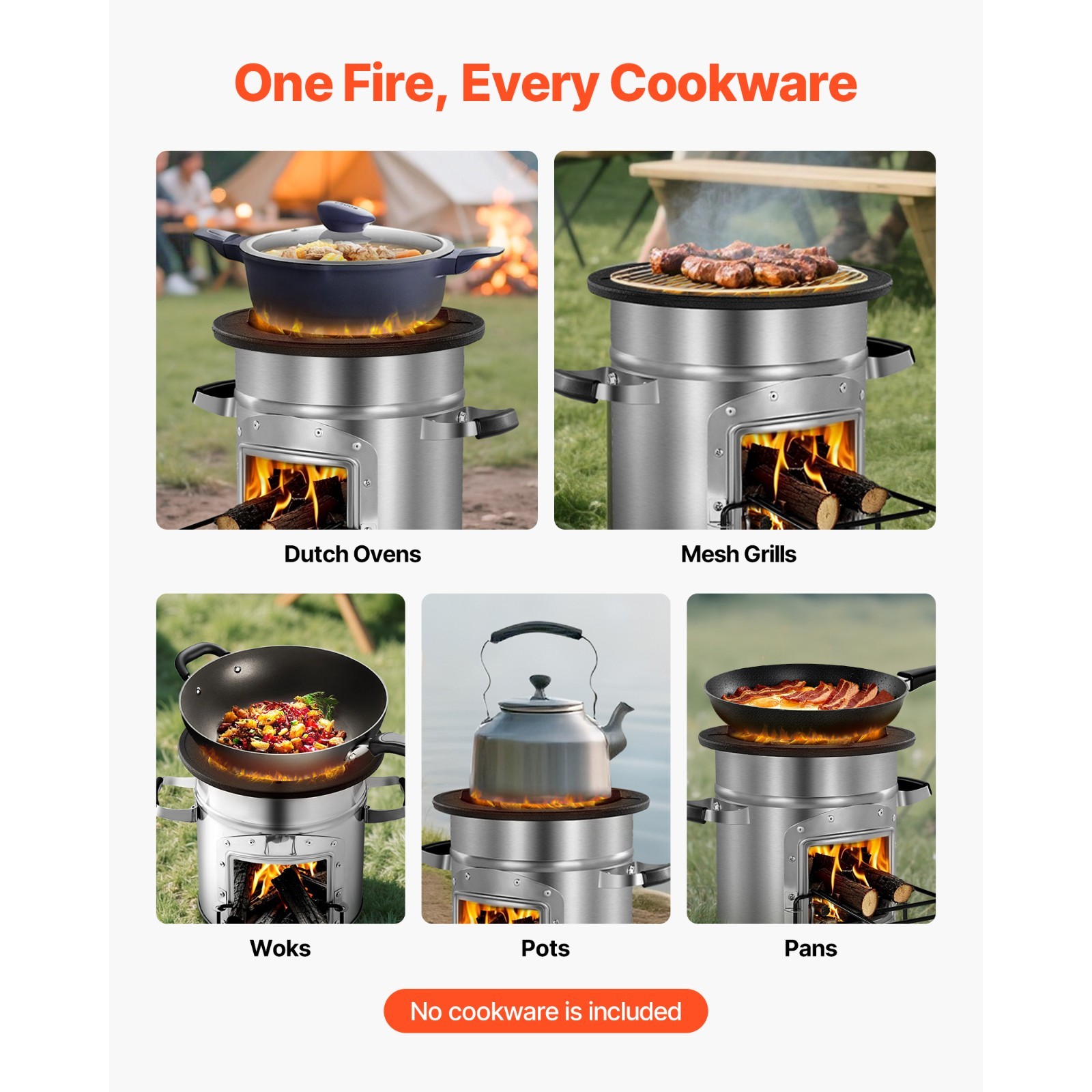 Portable Rocket Stove for Camping, Burns Twigs, Stainless Steel, with Bag