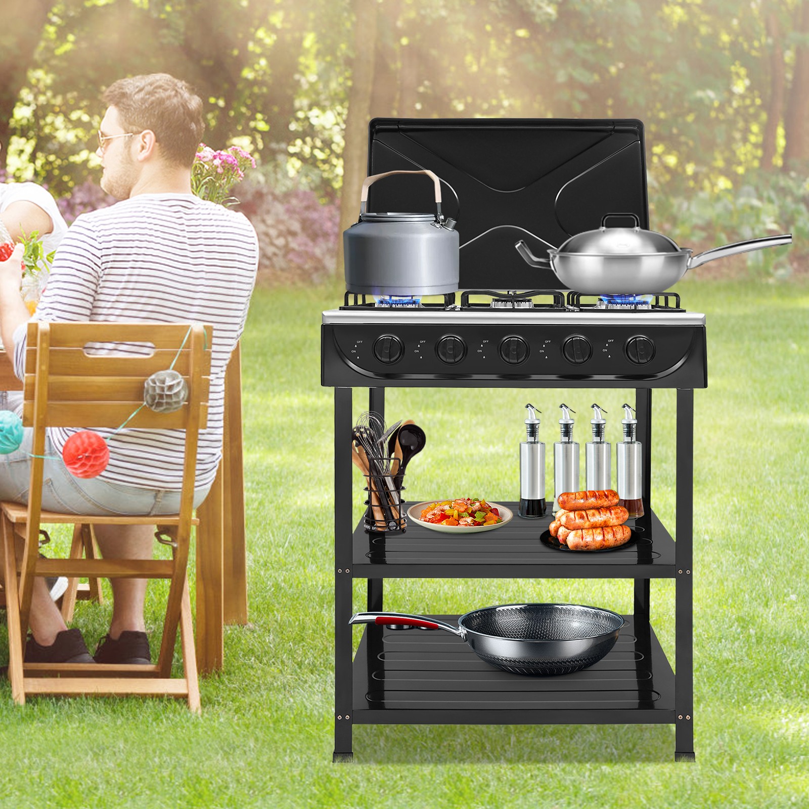 Outdoor Cooking Natural Gas Stove 5-Burners W/ Storage Rack For Camping/Kitchen