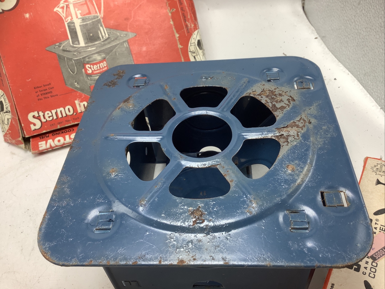 Bundle Vintage Sterno Folding Cook Stove No. 33 w/ Box and 4 cans cooking fuel