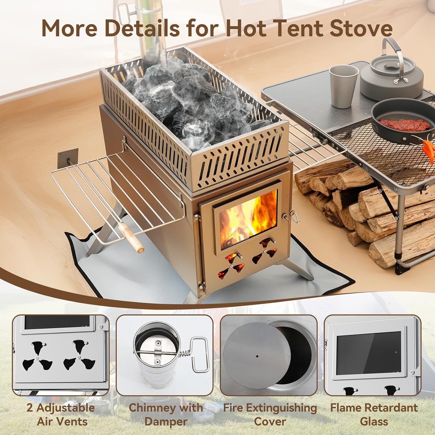 MOPHOTO 2in1 Sauna Hot Tent Stove Burning Stove With Stone Box 8 Chimney Pipes